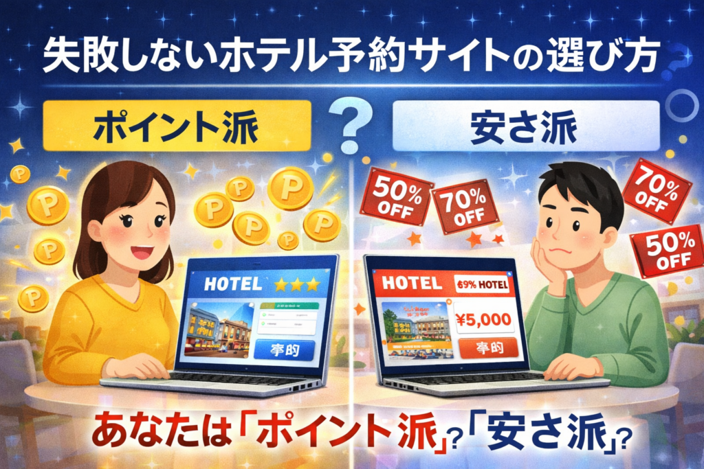 失敗しないホテル予約サイトの選び方｜ポイント派と安さ派の比較イメージ