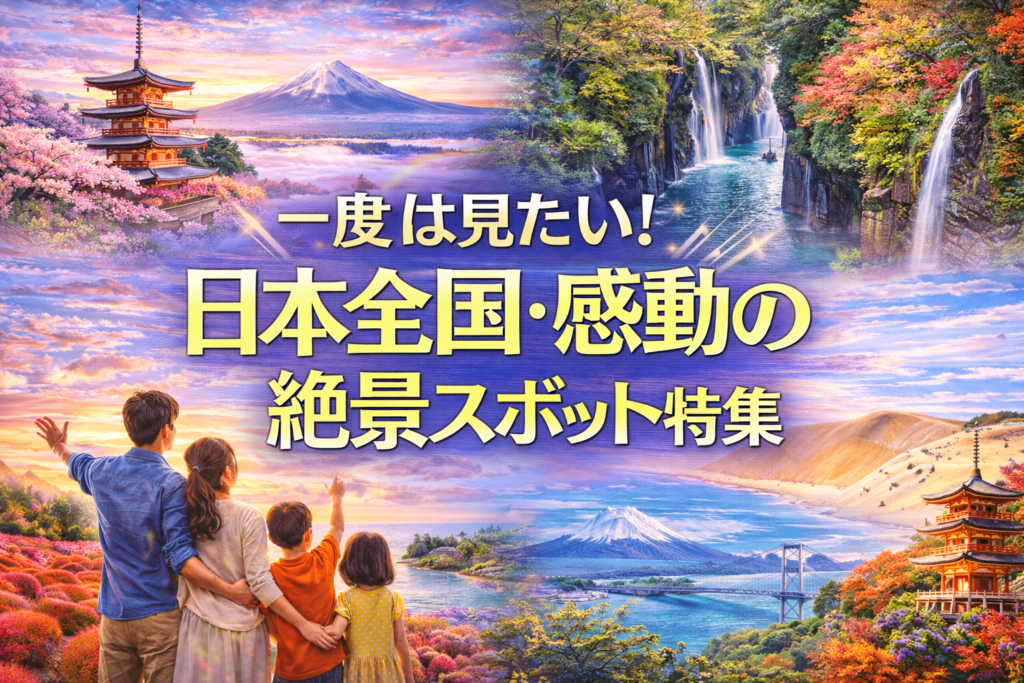 日本全国の感動の絶景スポット特集アイキャッチ（富士山・滝・花畑・鳥取砂丘など日本の美しい絶景風景）